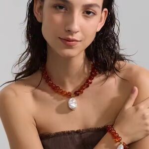 Amber Bead Necklace with Pearl Pendant